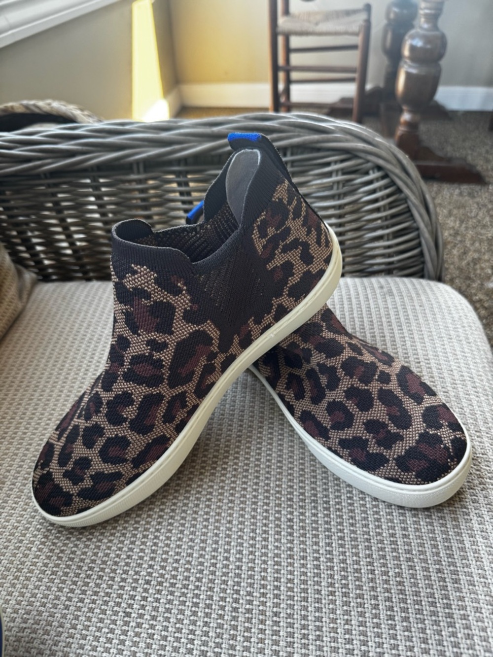 Rothy's Leopard Knit Slip-On Ankle Booties in Brown and Black